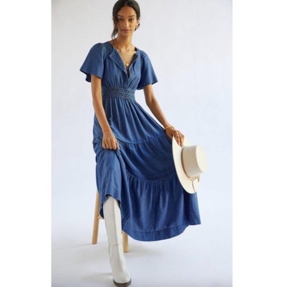 Maeve By Anthropologie Blue Chambray Somerset Maxi Dress Boho Medium
